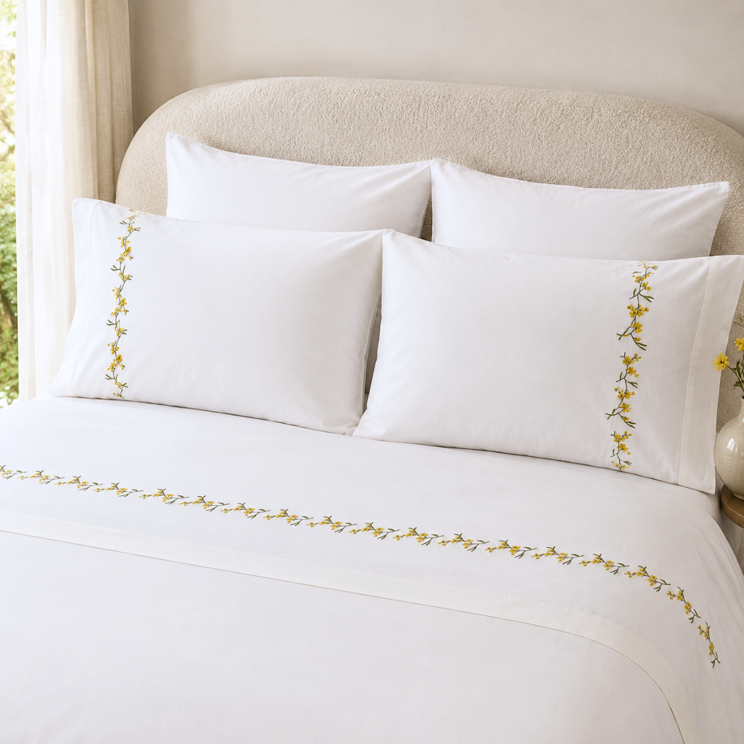 Mimoza %100 Pamuk Nakışlı Çift Kişilik Nevresim Takımı 200x220 cm Beyaz