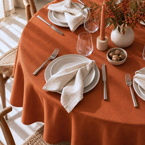Genoa Woven Linen Stain Resistant Round Table Cloth Cinnamon