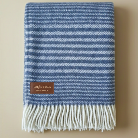 Woolmark Stripe Single Single Pure Wool Blanket Navy Blue
