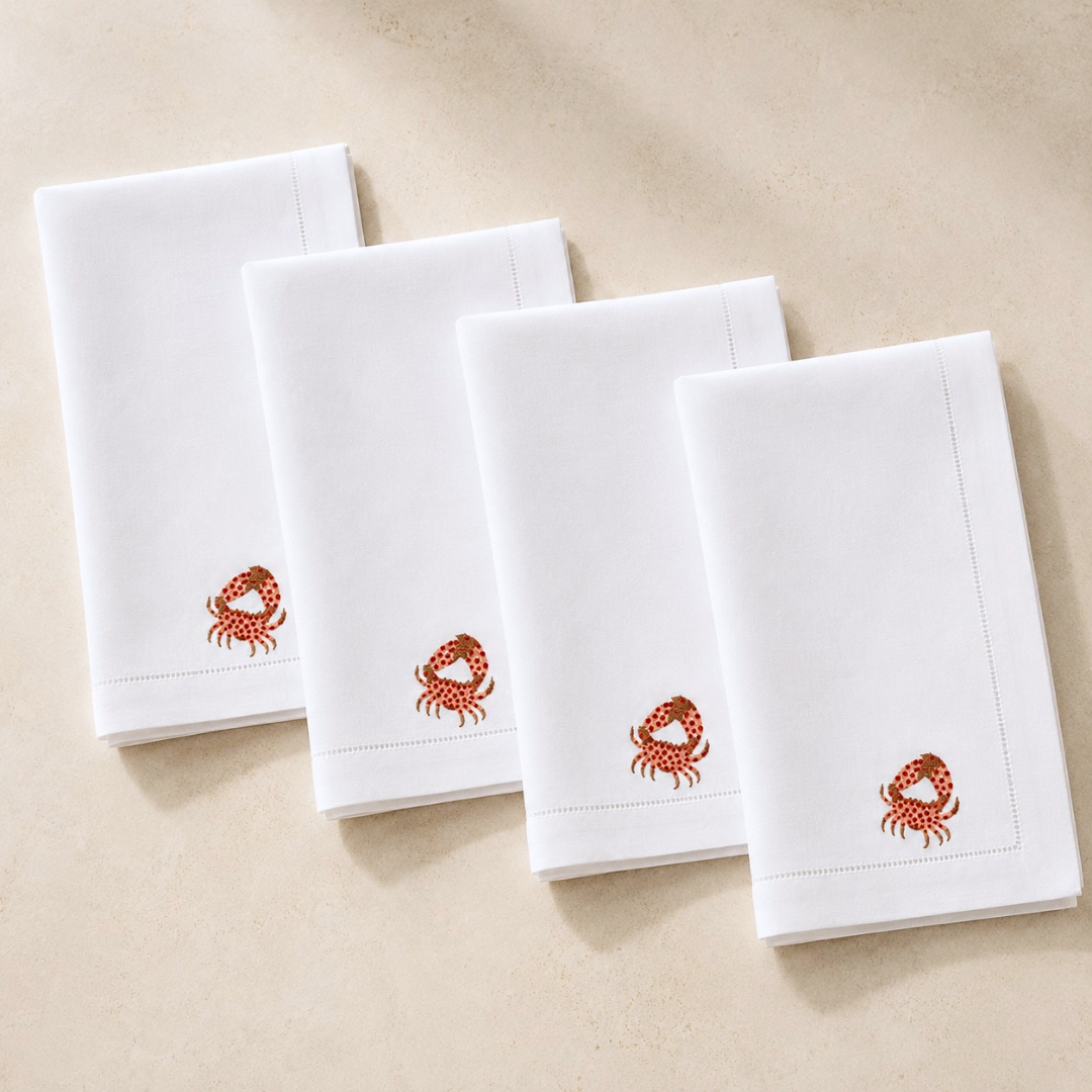 Coral Embroidered Linen Napkin Set (Pack of 4)
