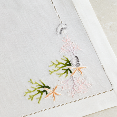 Coral Embroidered Linen Runner 50x160 cm Green