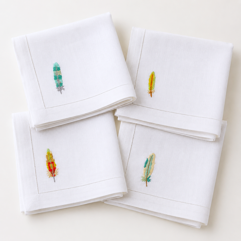 Birds Embroidered Linen Napkin Set 4-Pack)