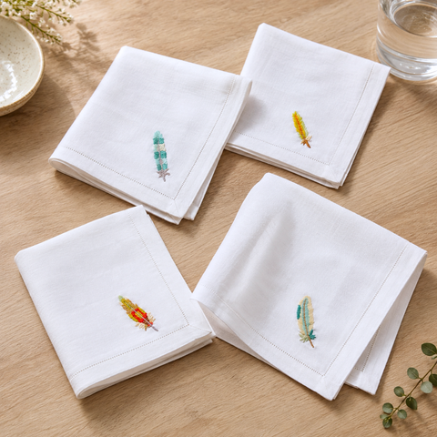 Birds Embroidered Linen Napkin Set 4-Pack)