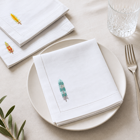 Birds Embroidered Linen Napkin Set 4-Pack)
