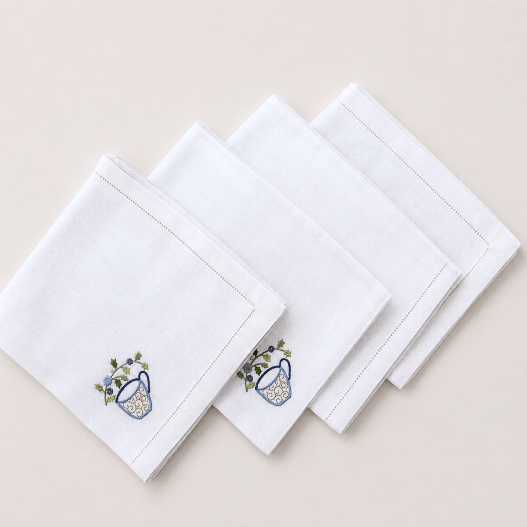 Teapot Embroidered Linen Napkin Set (Pack of 4)