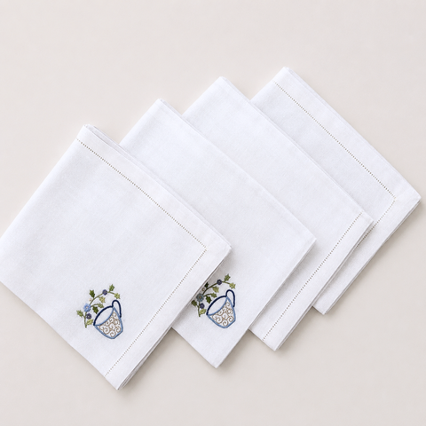 Teapot Embroidered Linen Napkin Set (Pack of 4)