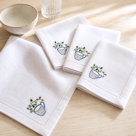 Teapot Embroidered Linen Napkin Set (Pack of 4)
