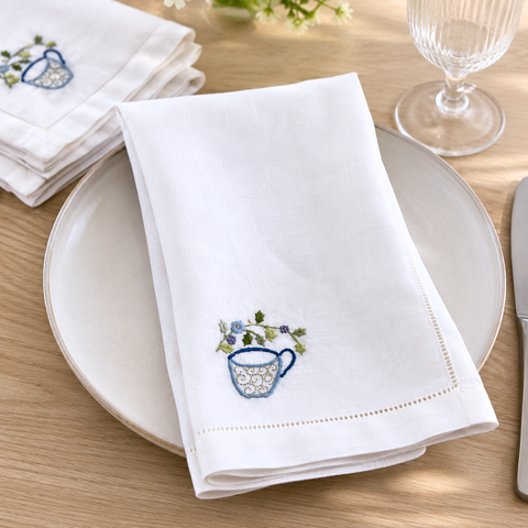 Teapot Embroidered Linen Napkin Set (Pack of 4)