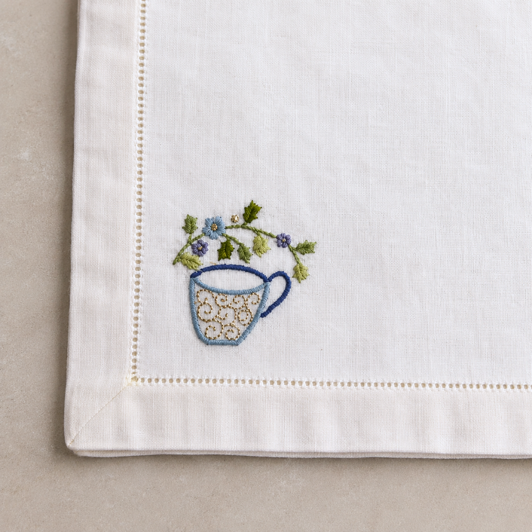 Teapot Embroidered Linen Napkin Set (Pack of 4)