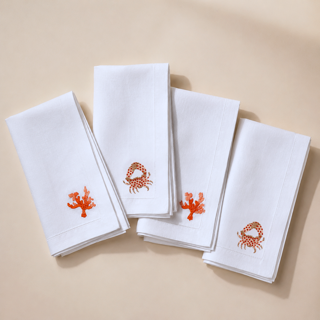Coral Embroidered Linen Napkin Set (Pack of 4)