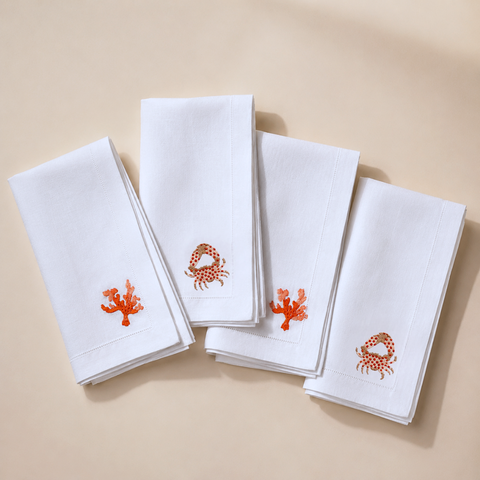 Coral Embroidered Linen Napkin Set (Pack of 4)