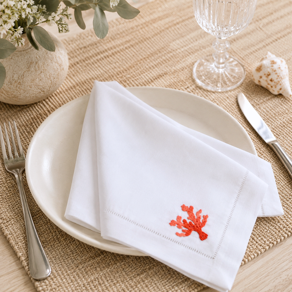 Coral Embroidered Linen Napkin Set (Pack of 4)