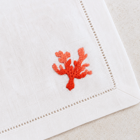 Coral Embroidered Linen Napkin Set (Pack of 4)