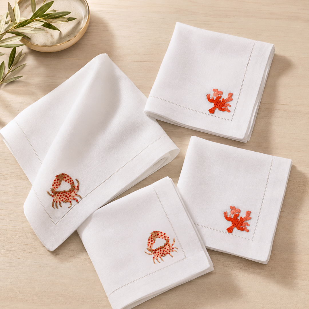 Coral Embroidered Linen Napkin Set (Pack of 4)