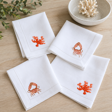 Coral Embroidered Linen Napkin Set (Pack of 4)