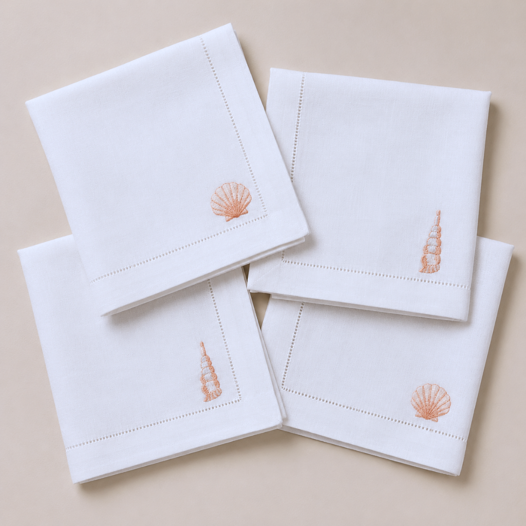 Shell Embroidered Linen Napkin Set (4 Pack)