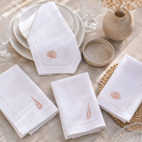 Shell Embroidered Linen Napkin Set (4 Pack)