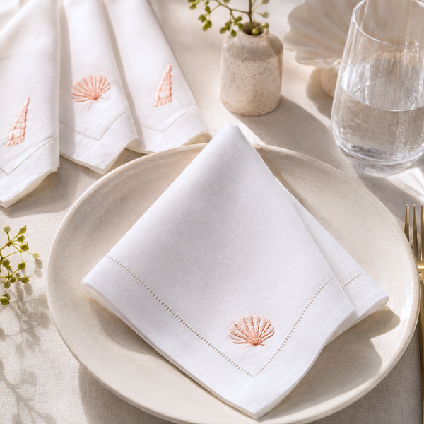 Shell Embroidered Linen Napkin Set (4 Pack)