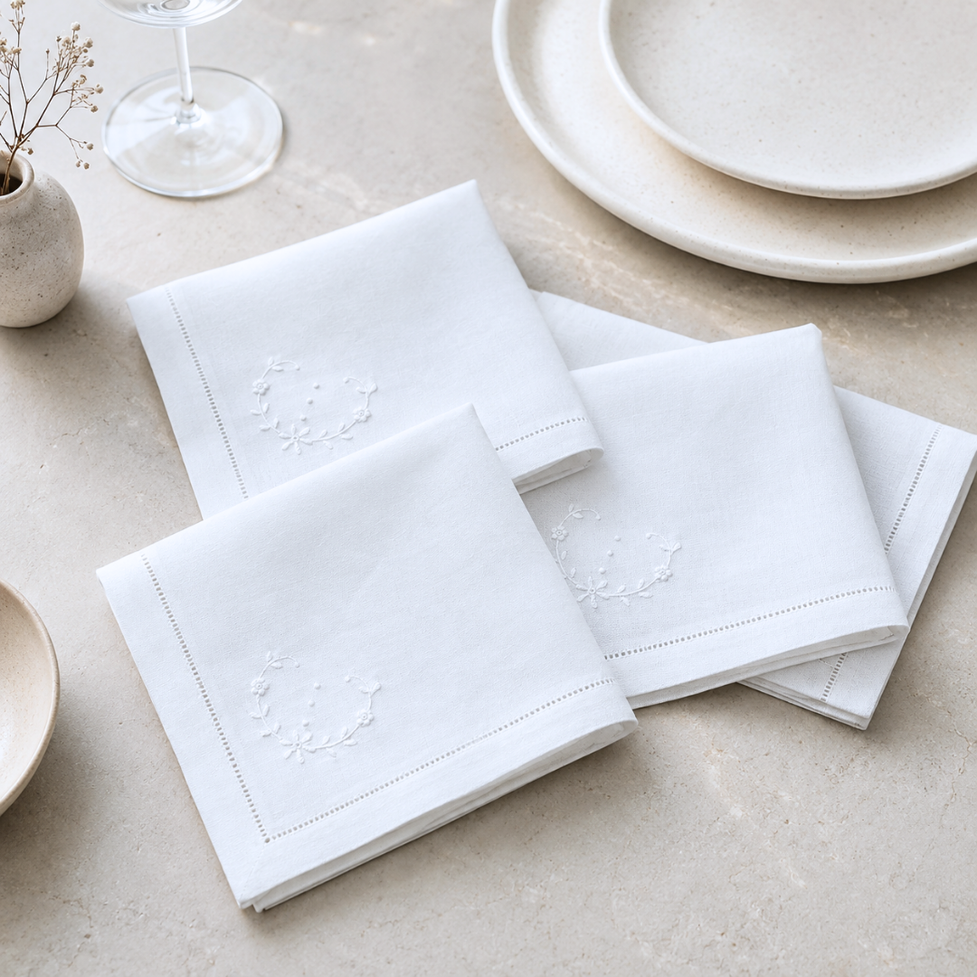 White Embroidered Linen Napkin Set (Pack of 4)