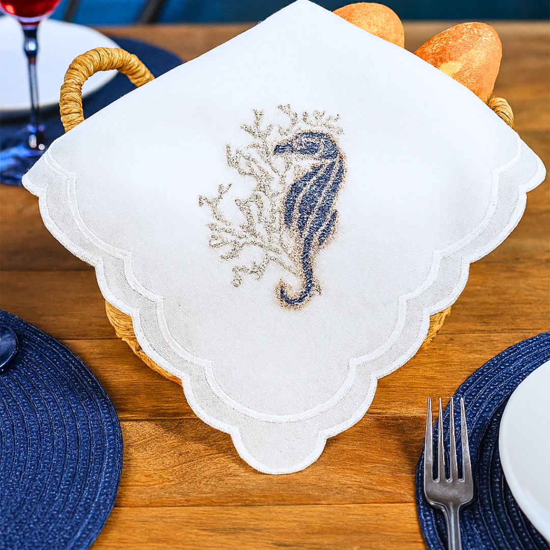 Sea Horse Nakışlı Pamuk Ekmek Sepeti Örtüsü 60x60 cm