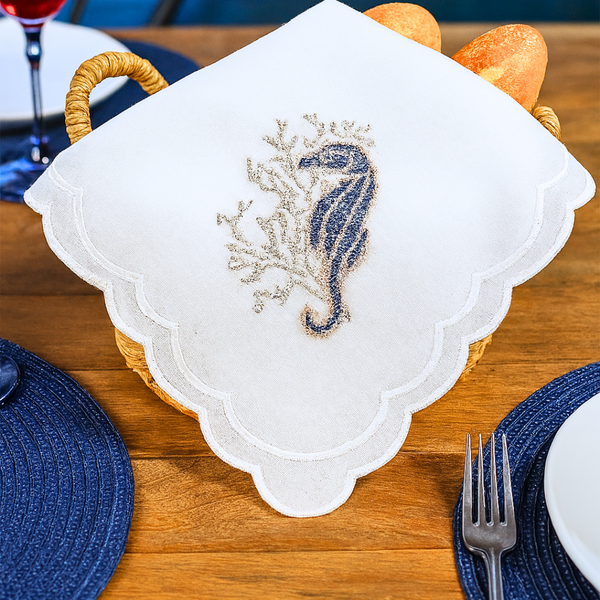 Sea Horse Nakışlı Pamuk Ekmek Sepeti Örtüsü 60x60 cm