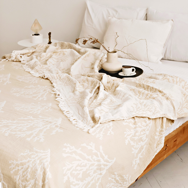 Coral 4 Layer Muslin Double Bedspread Stone
