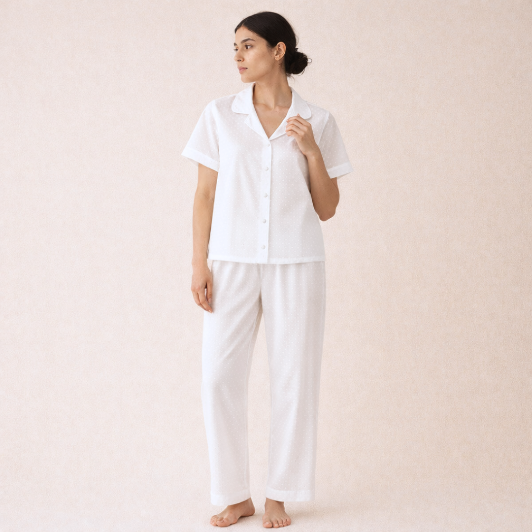 Dreamy İşlemeli Pamuk Kadın Pijama Takımı Beyaz