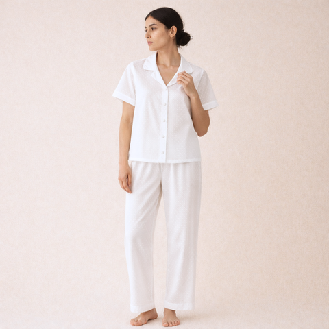 Dreamy Pamuk İşlemeli Kadın Pijama Takımı Beyaz