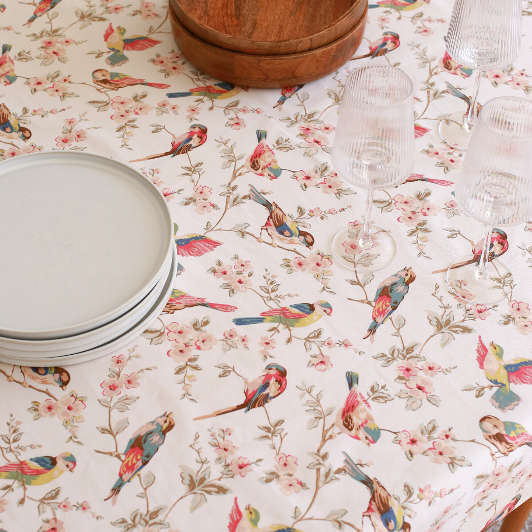 British Birds Cotton Table Linen Ecru