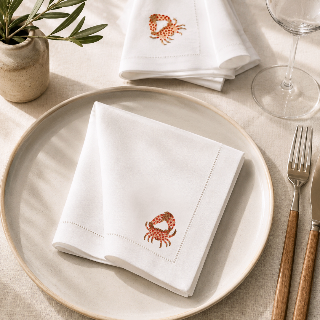 Coral Embroidered Linen Napkin Set (Pack of 4)