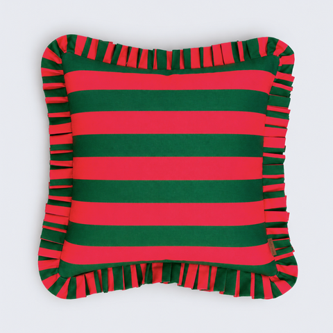 Red & Green Stripe Fırfır Kenarlı Kırlent Kılıfı