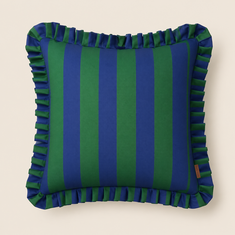 Navy & Green Stripe Fırfır Kenarlı Kırlent Kılıfı