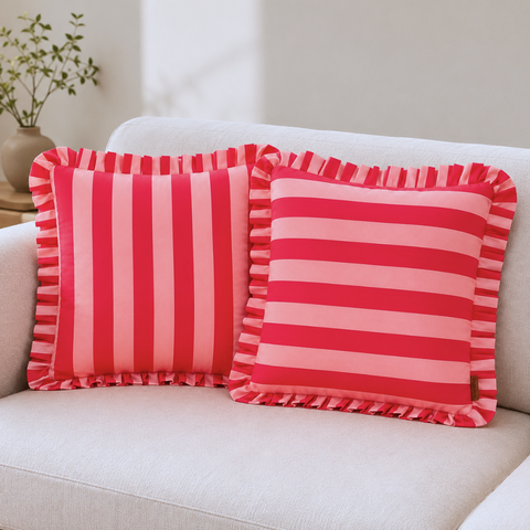 Red & Rose Stripe Fırfır Kenarlı Kırlent Kılıfı