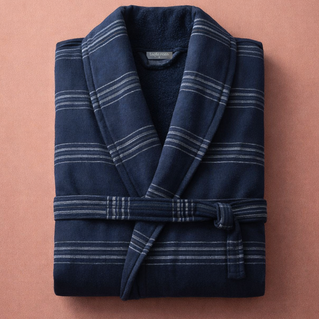 Double Stripe %100 Pamuk Unisex Bornoz Lacivert