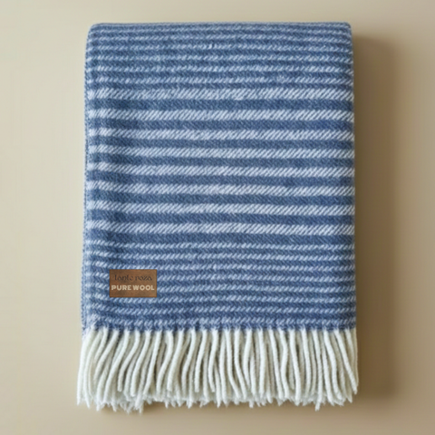 Woolmark Stripe Single Single Pure Wool Blanket Navy Blue