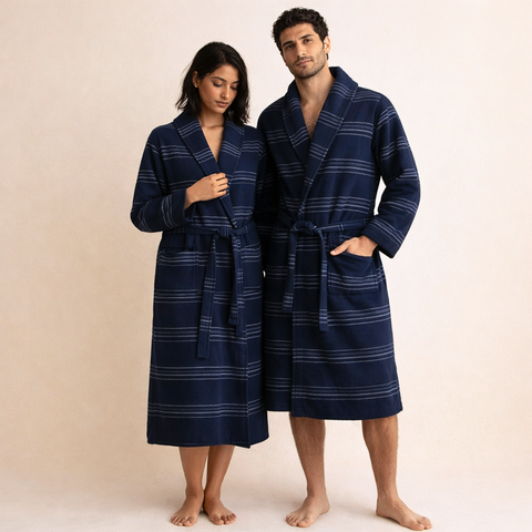 Double Stripe %100 Pamuk Unisex Bornoz Lacivert