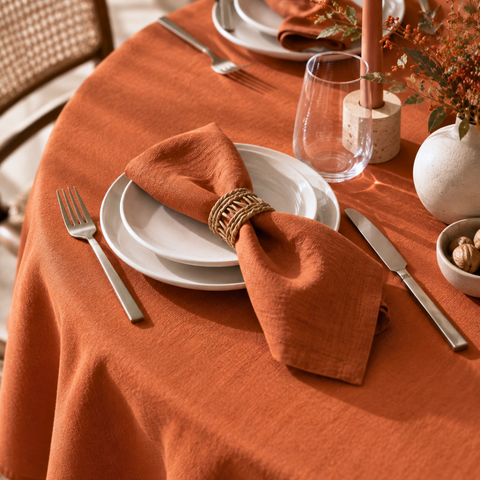 Genoa Woven Linen Stain Resistant Round Table Cloth Cinnamon