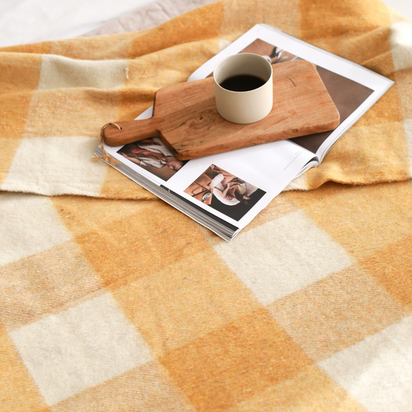 Woolmark Check Çift Kişilik Saf Yün Battaniye Sarı