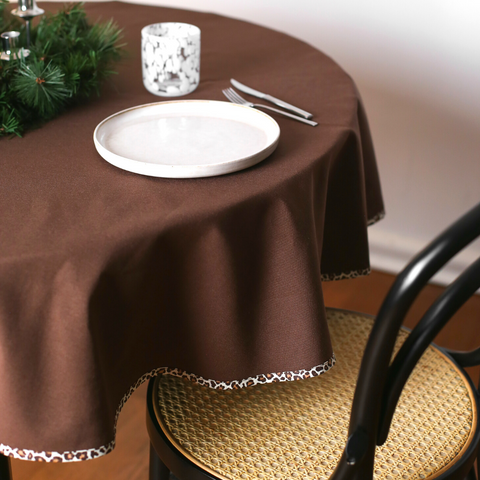 Leopar Dokuma Keten Leke Tutmaz Yuvarlak Masa Örtüsü Kahve