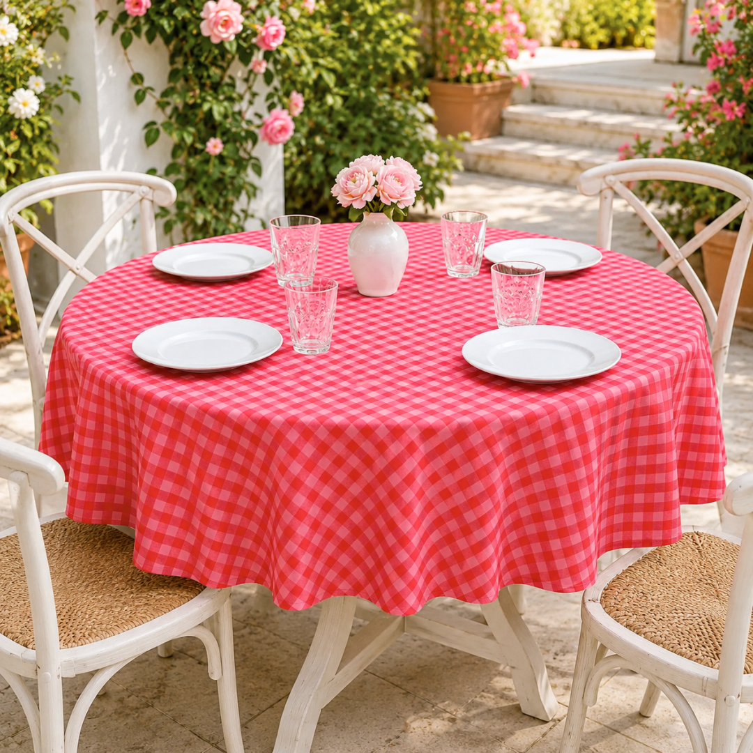 Check Woven Linen Stain Resistant Table Cloth Red