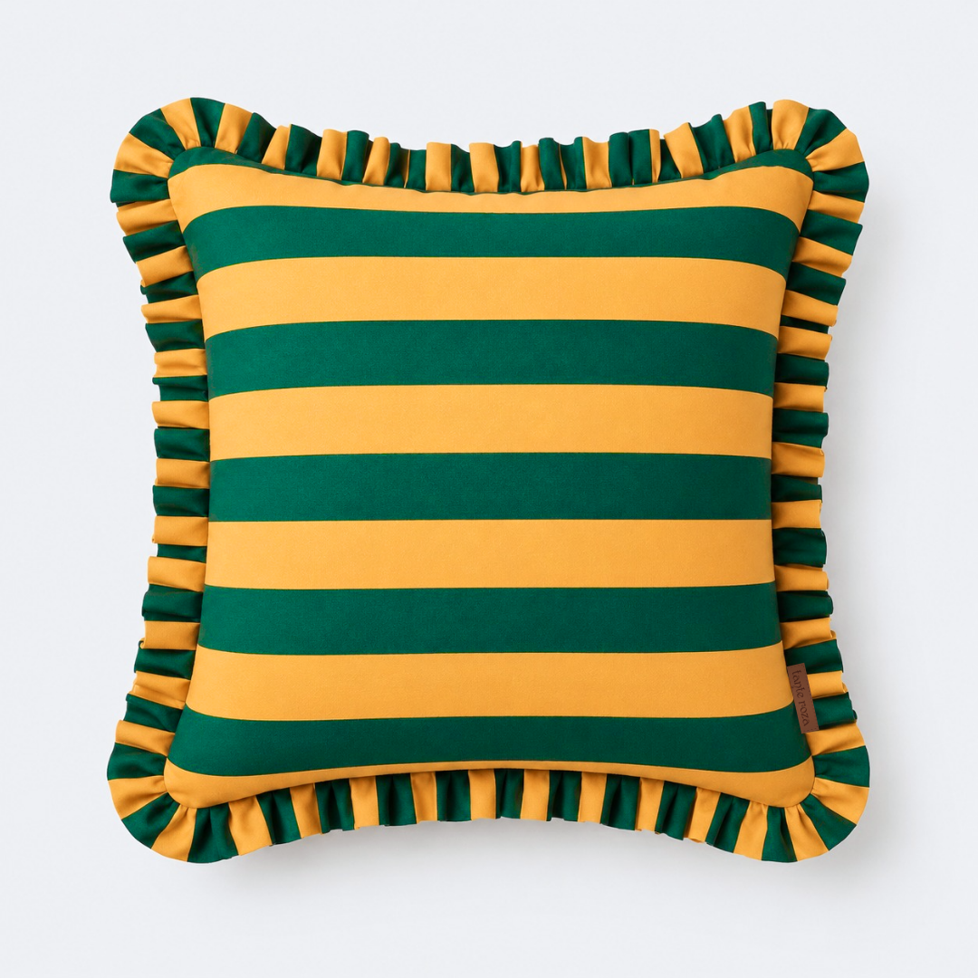 Yellow & Green Stripe Fırfır Kenarlı Kırlent Kılıfı