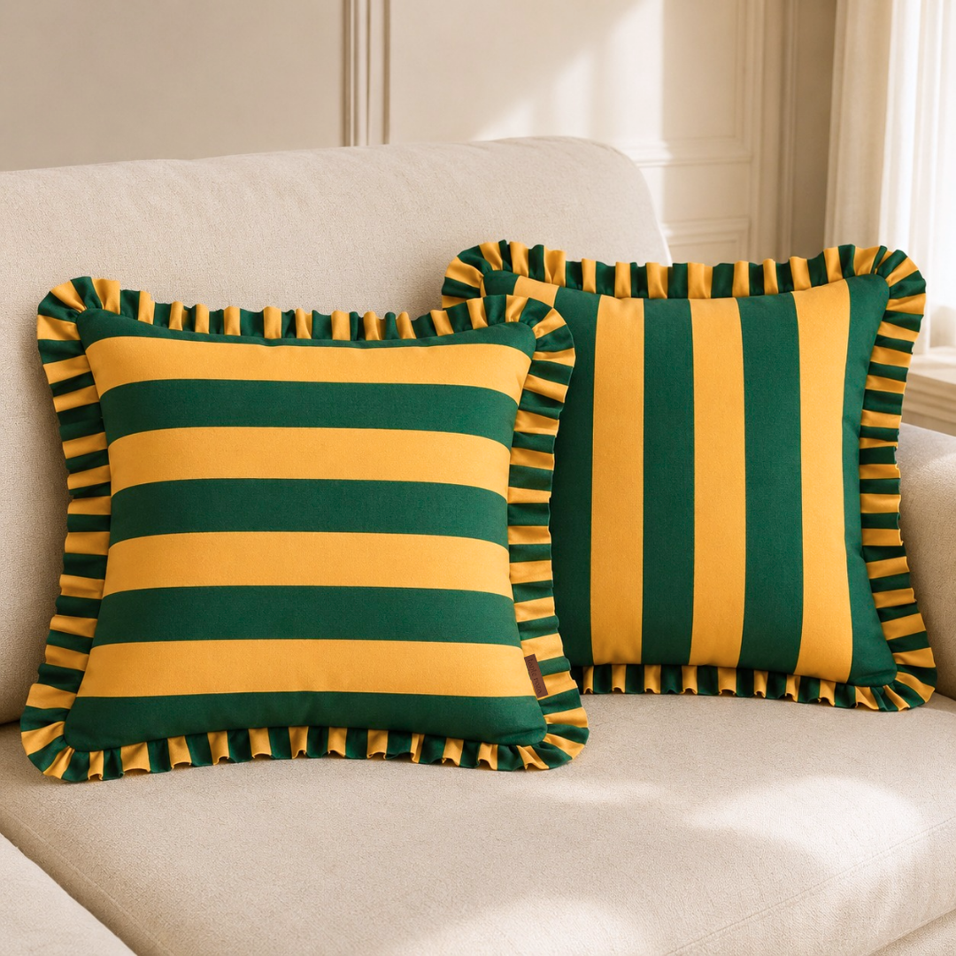 Yellow & Green Stripe Fırfır Kenarlı Kırlent Kılıfı