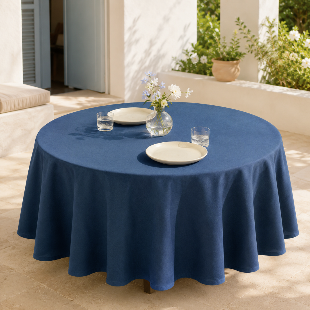 Genoa Woven Linen Stain Resistant Round Table Cloth Navy Blue