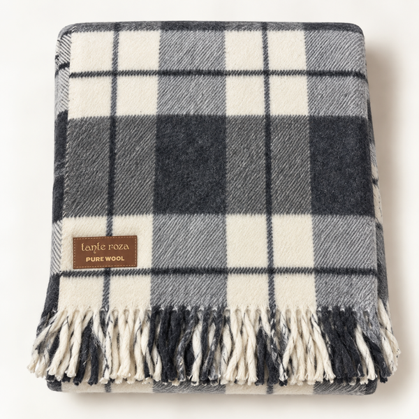 Woolmark Tartan Çift Kişilik Saf Yün Battaniye Antrasit