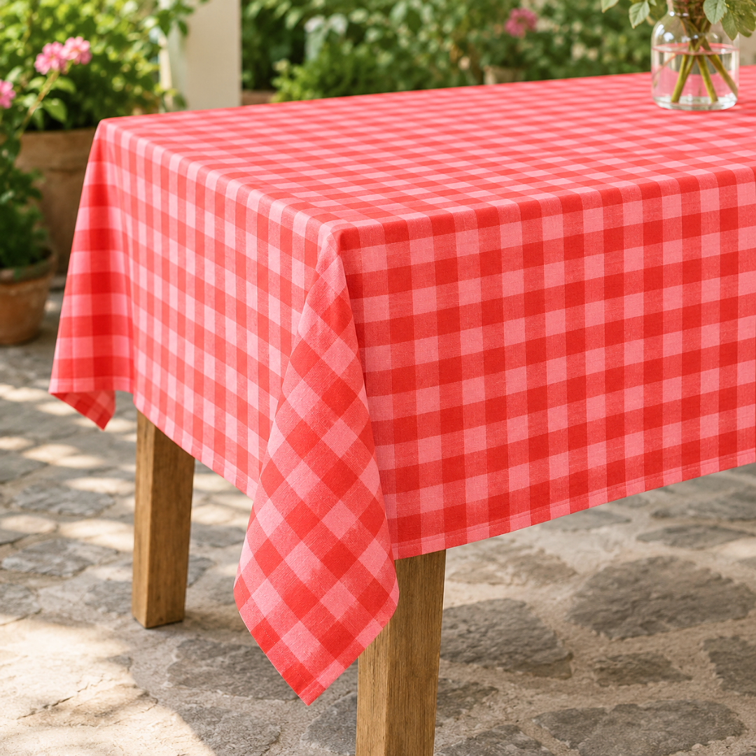 Check Woven Linen Stain Resistant Table Cloth Red