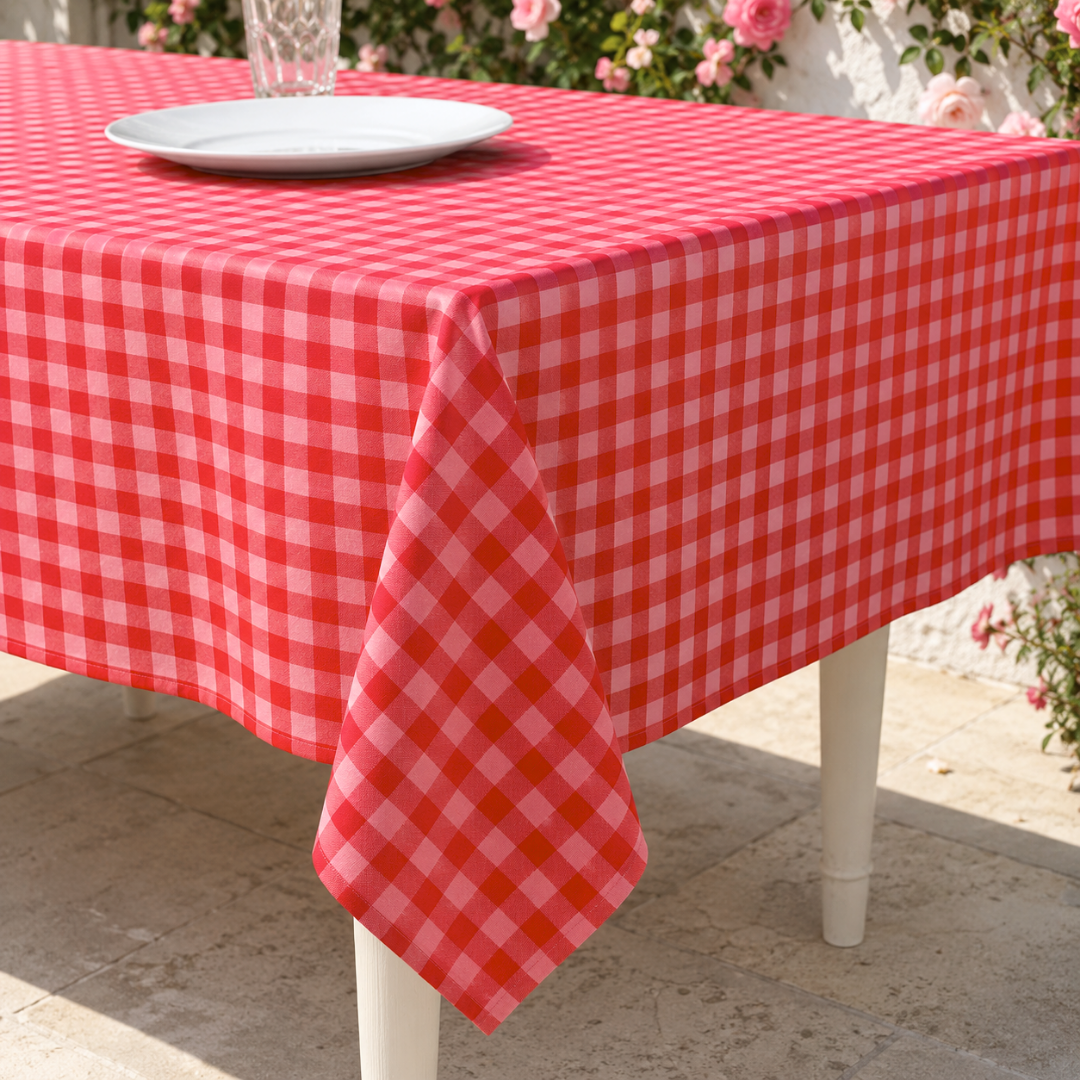 Check Woven Linen Stain Resistant Table Cloth Red