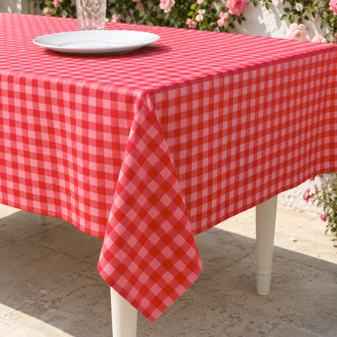 Check Woven Linen Stain Resistant Table Cloth Red