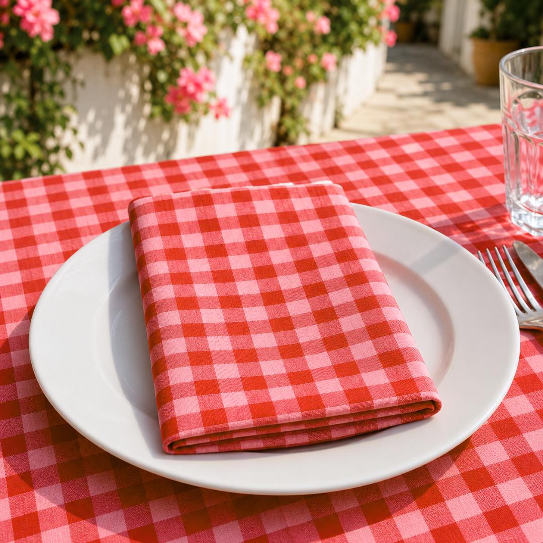 Check Woven Linen Stain Resistant Table Cloth Red