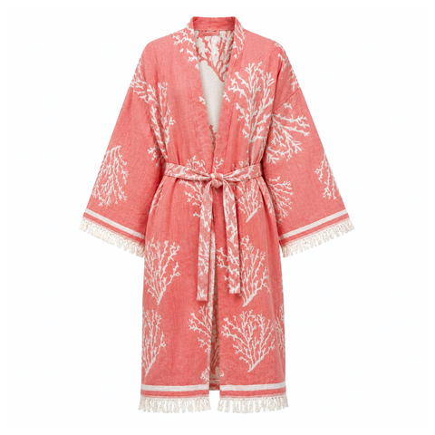 Coral Dokuma Pamuk Kimono/Sabahlık Mercan