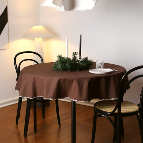 Leopar Dokuma Keten Leke Tutmaz Yuvarlak Masa Örtüsü Kahve